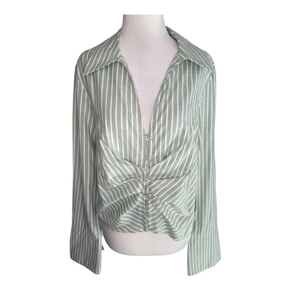 Topshop Green Striped Long Sleeve Button Front Blouse Collared Top Size US 10